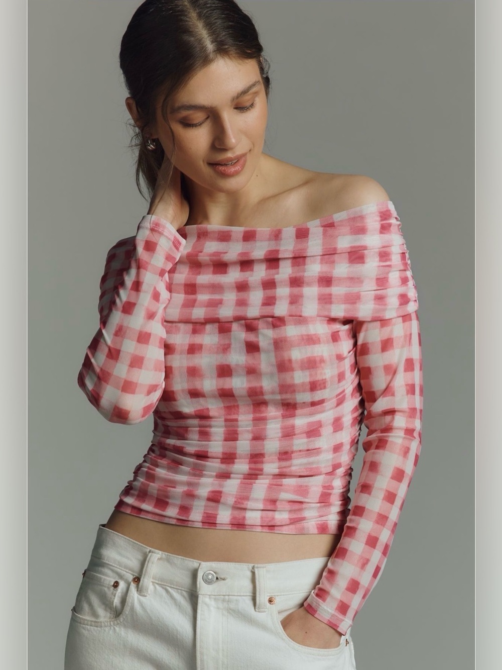 Maeve Aleda Mesh Off Shoulder Pink Plaid Ruched Top NWT Size L Anthropologie
